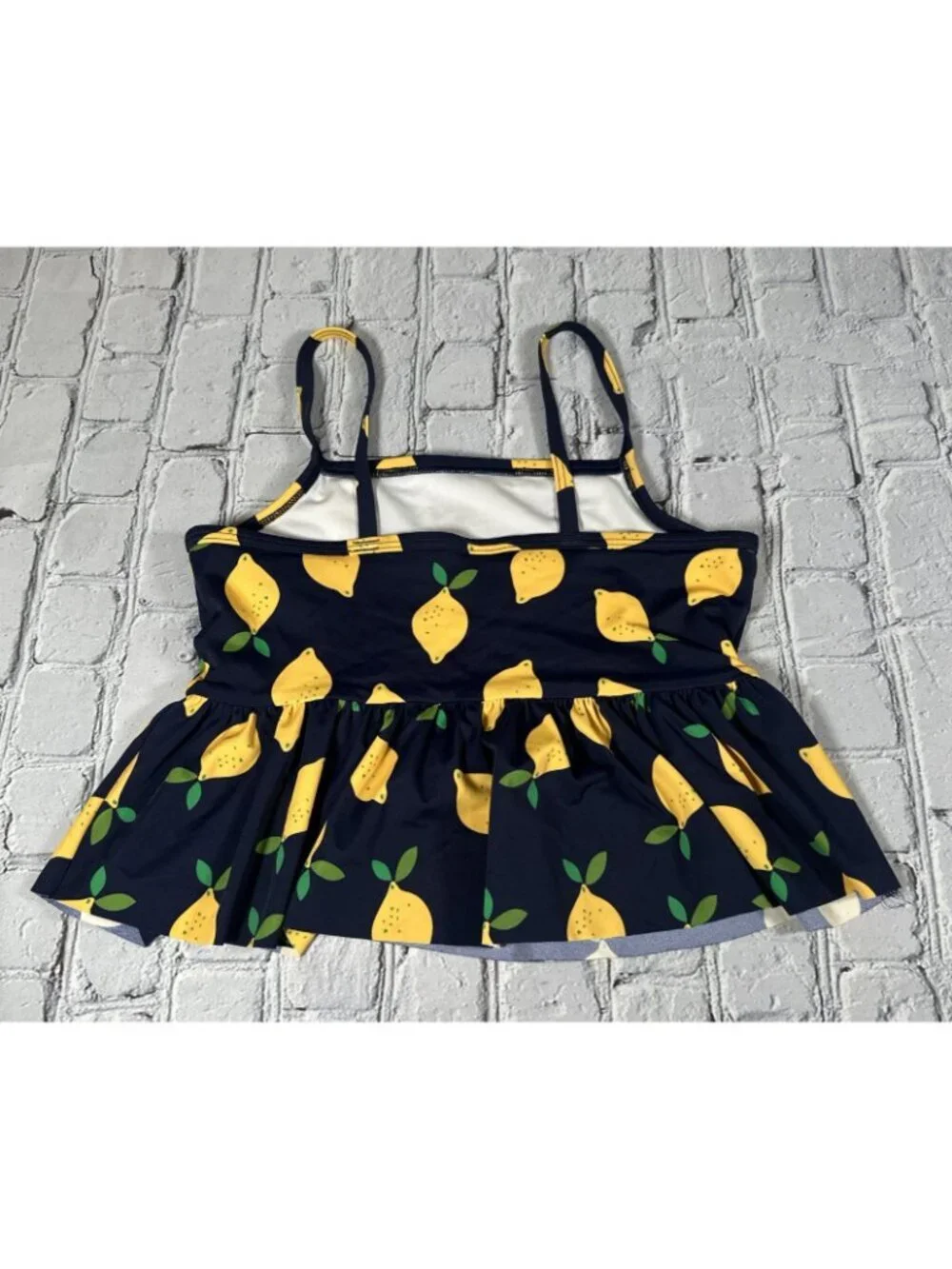 Hanna Andersson Lemon Tankini Swim Top Size 140 CM 10 Navy Blue Yellow Girls